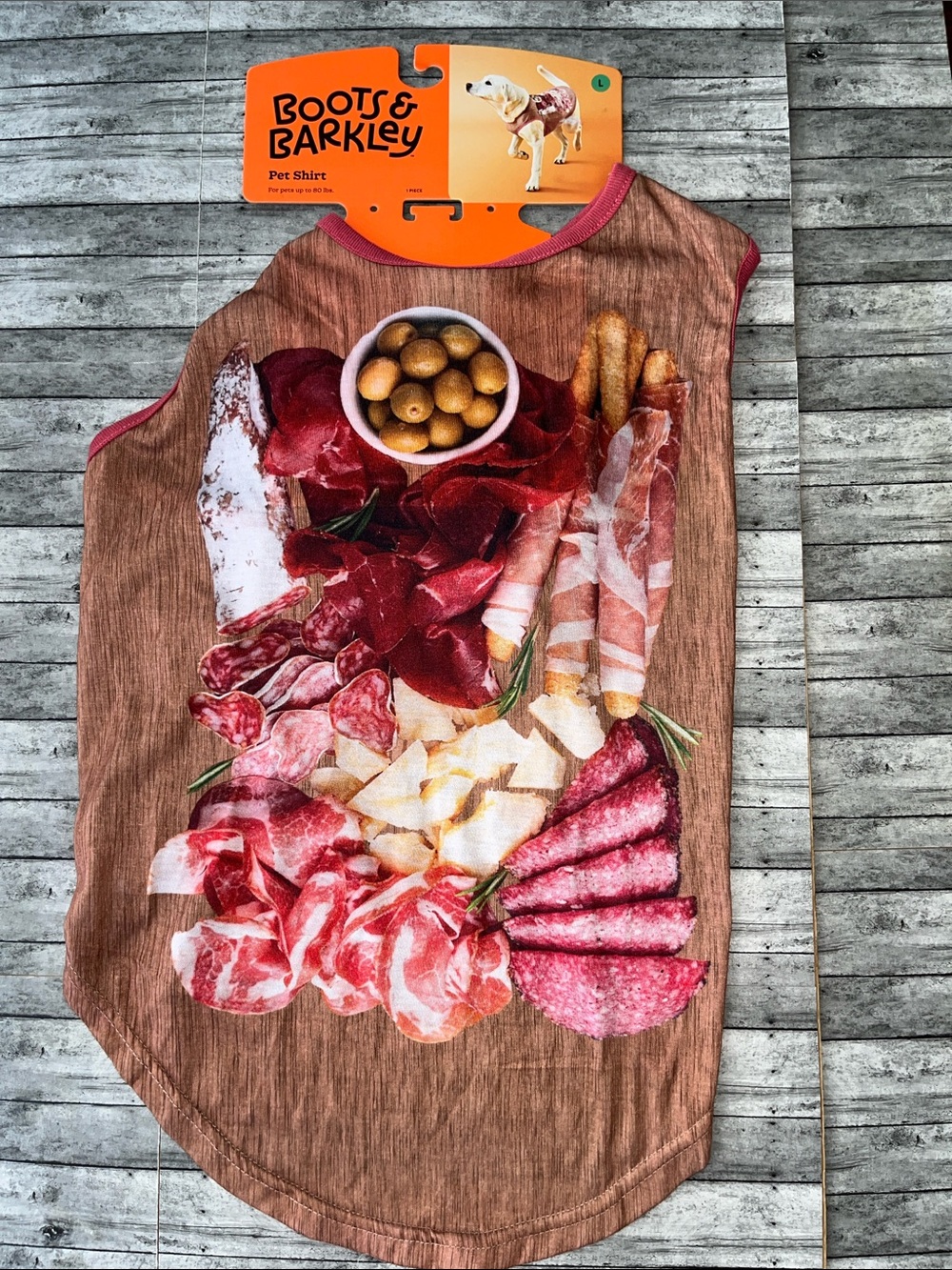 Boots & Barkley Brown Pet Shirt with Red Charcuterie Print